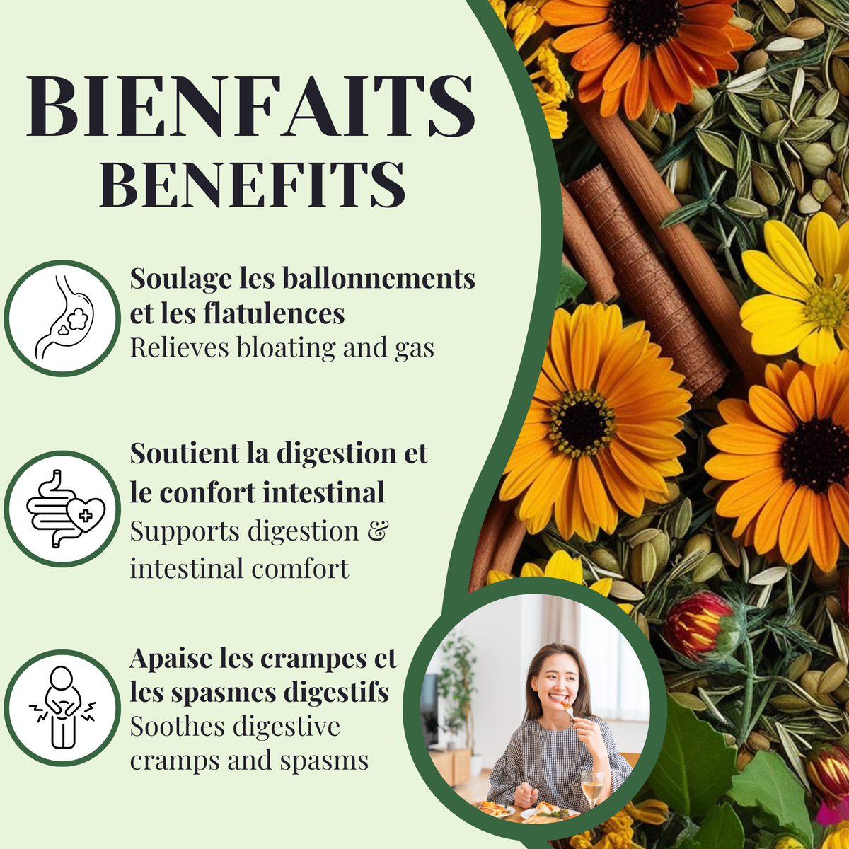 Bienfaits tisane Midi PHYTOVIE pour ballonnements, crampes et digestion