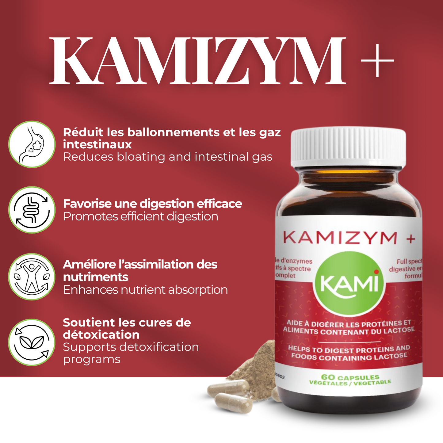 KAMIZYM + | Digestion, ballonnements & gaz intestinaux | 60 capsules