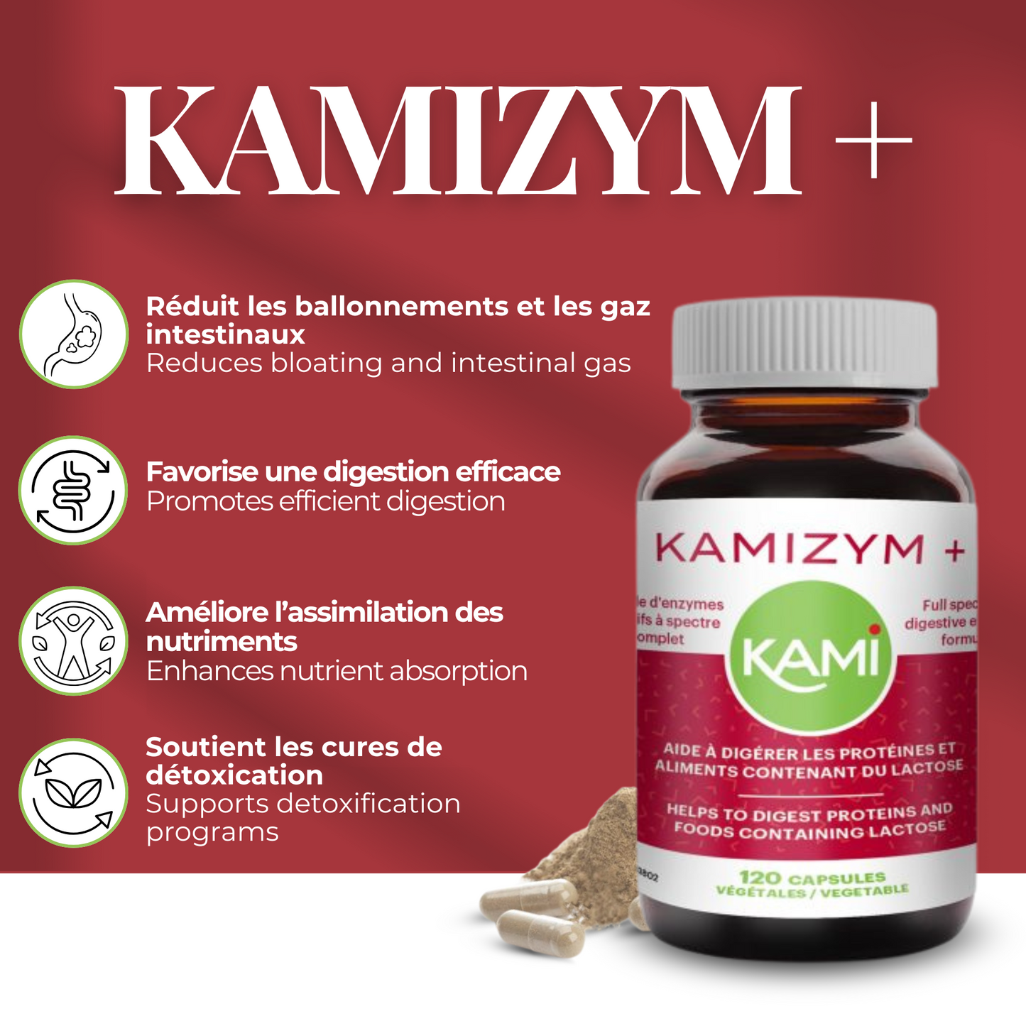 Kamizym + | Digestion, bloating & intestinal gas | 120 capsules