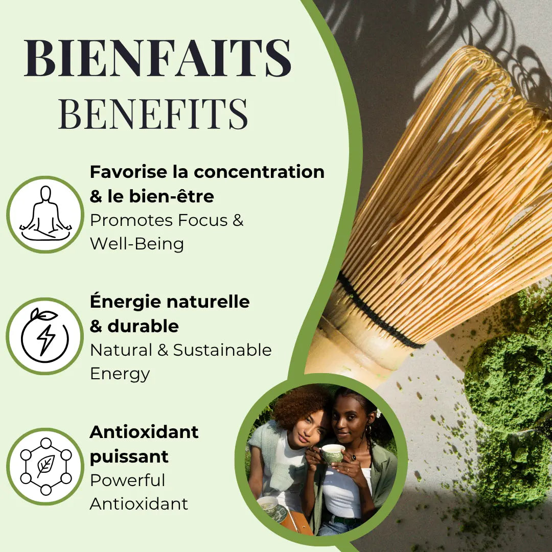 Bienfaits du matcha Phytovie, favorise la concentration et le bien‑être, procure une énergie naturelle durable et offre un puissant effet antioxydant