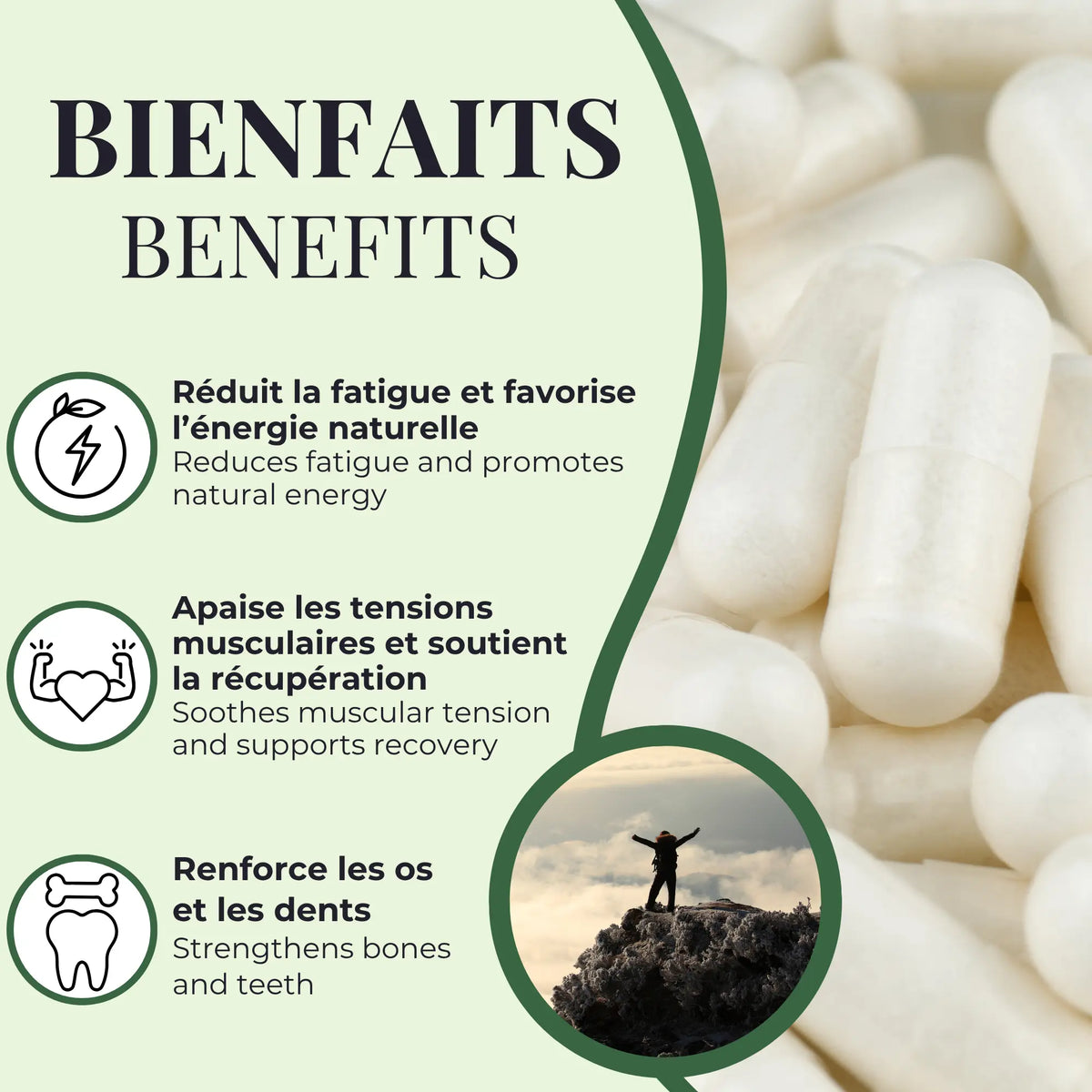 Bienfaits du bisglycinate de magnésium Phytovie, aide à réduire la fatigue, soutient la récupération musculaire et renforce les os et les dents
