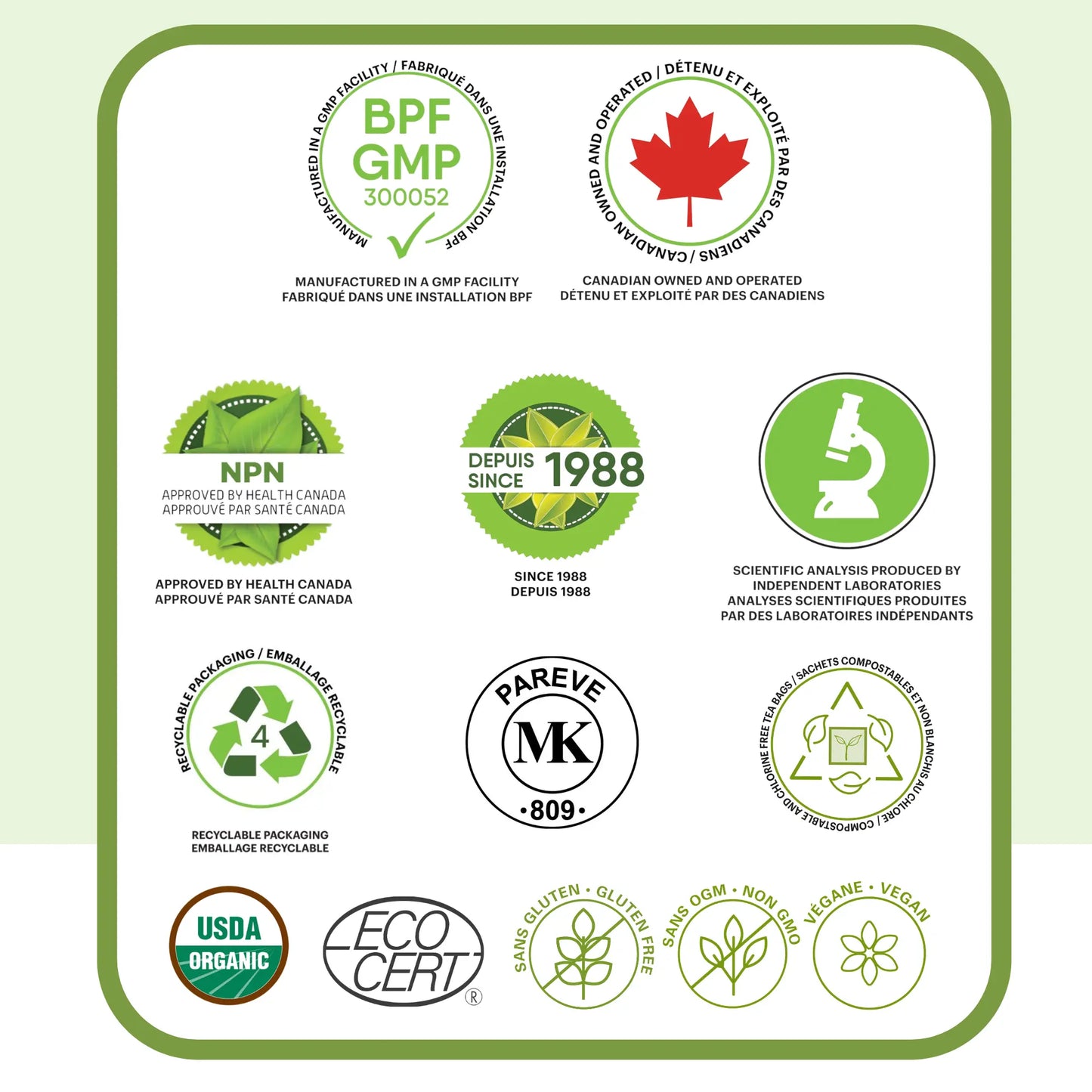 Certifications de la tisane gingembre Phytovie, approuvée par Santé Canada, fabrication GMP, USDA Organic, végane, sans OGM et emballage recyclable