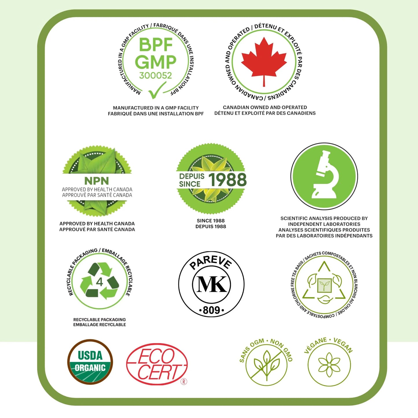 Certifications qualité tisane de verveine odorante incluant fabrication au Canada, ingrédients biologiques, sans additifs et de qualité supérieure