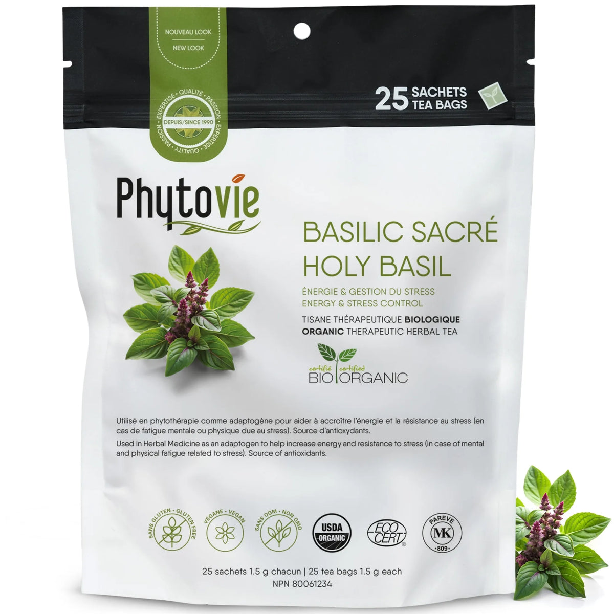 Tisane de basilic sacré en sachets sur fond blanc, infusion naturelle reconnue pour favoriser la relaxation et soutenir le bien-être quotidien