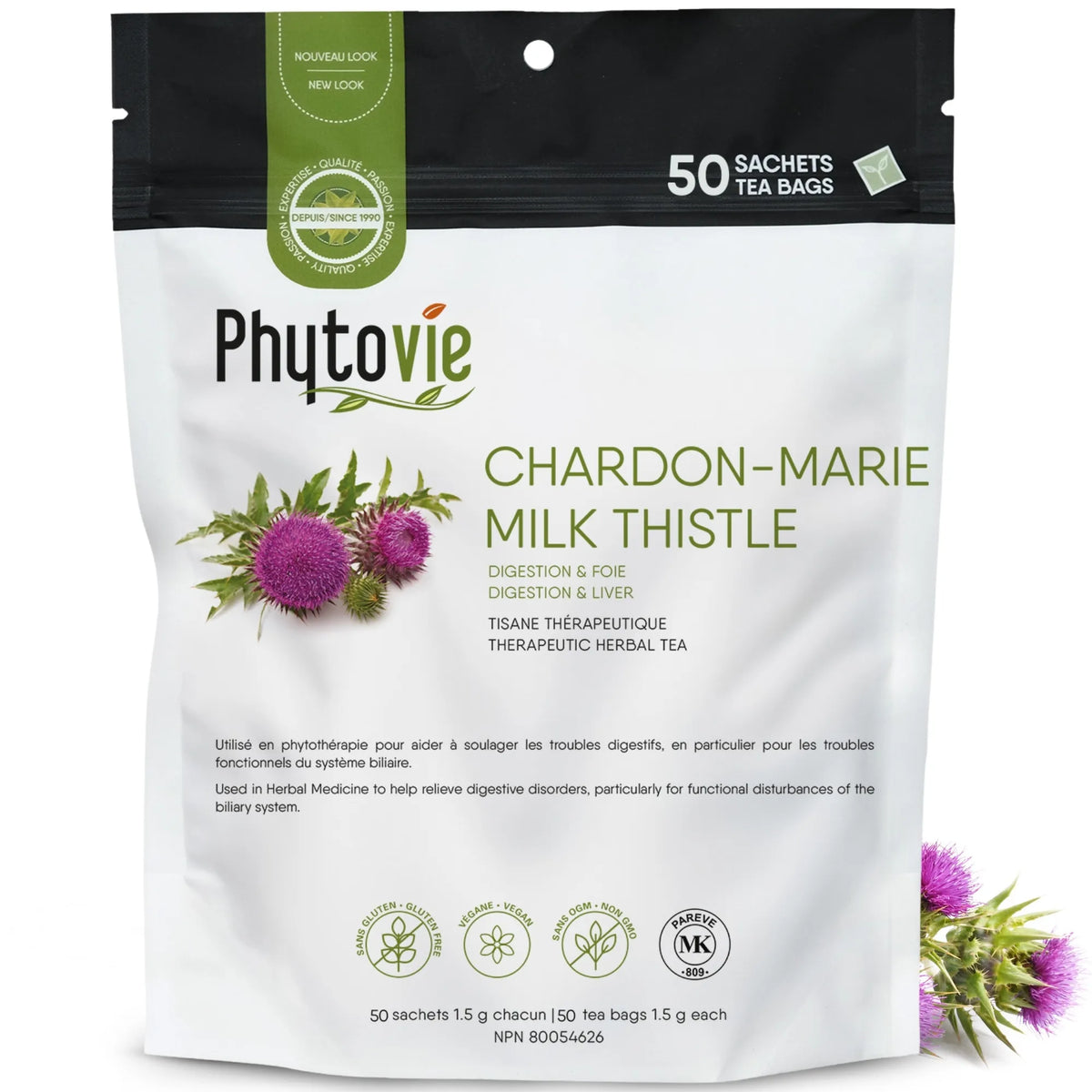 Tisane de chardon-marie en 50 sachets sur fond blanc avec plante de chardon-marie, reconnue pour soutenir le foie et favoriser la détoxification
