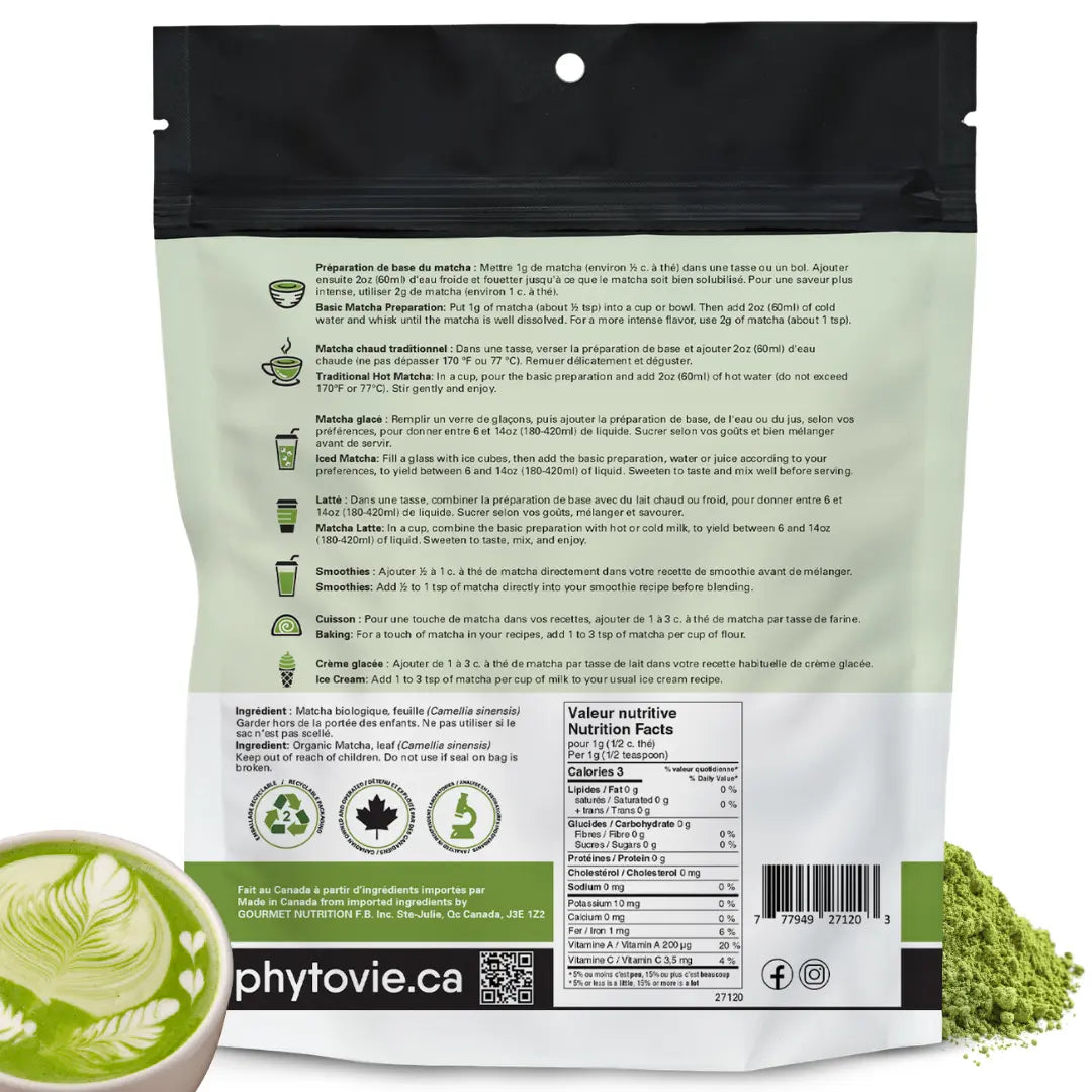 Dos du sachet de matcha biologique Phytovie montrant les instructions de préparation, les valeurs nutritives et les informations produit