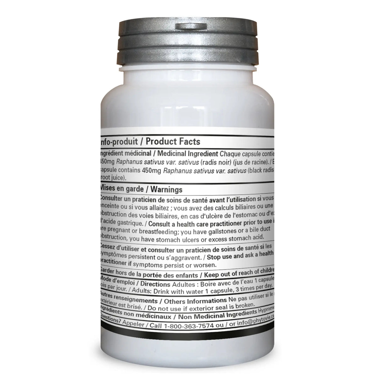 Dos du flacon de capsules Radis noir Phytovie montrant les ingrédients médicinaux, la posologie, les avertissements et les faits produit