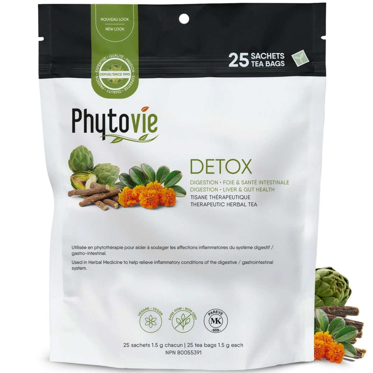 Tisane Détox foie en 25 sachets sur fond blanc avec plantes médicinales, infusion naturelle conçue pour soutenir le foie et l’équilibre digestif