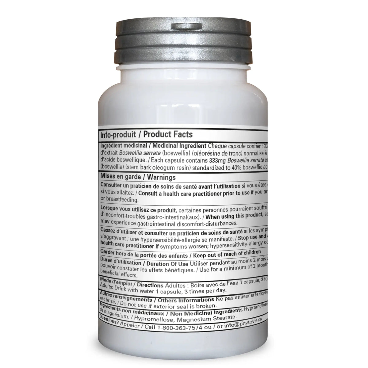 Dos du flacon de capsules Boswellia serrata Phytovie présentant les ingrédients médicinaux, la posologie, les avertissements et les informations produit