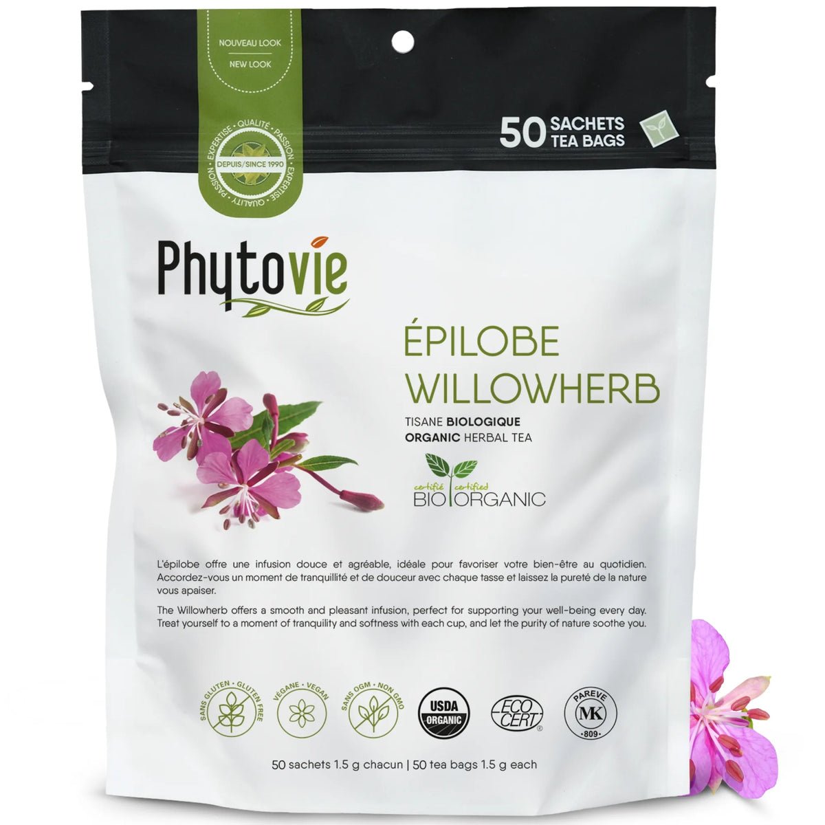Tisane d’épilobe à petites fleurs BIO Phytovie en 50 sachets, présentée sur fond blanc, infusion naturelle douce et prête à l’emploi