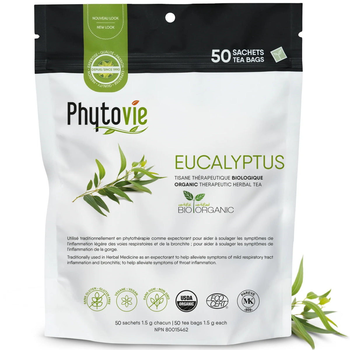 Tisane d’eucalyptus BIO Phytovie en 50 sachets sur fond blanc, infusion naturelle reconnue pour soutenir le confort respiratoire