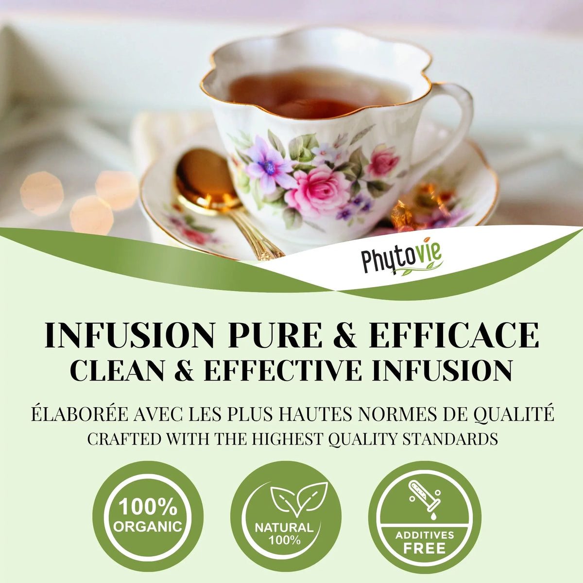 Infusion de passiflore Phytovie servie dans une tasse élégante, mettant en valeur une tisane biologique, naturelle et sans additifs, élaborée selon les plus hautes normes de qualité.