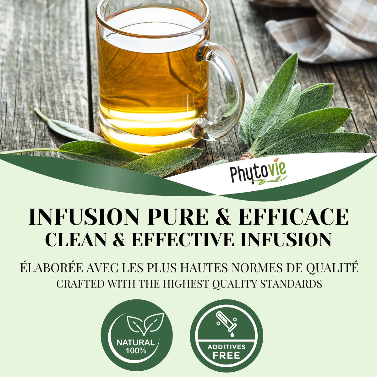 Tasse de tisane de sauge avec feuilles naturelles illustrant une infusion pure, apaisante et équilibrante, 100% naturelle et de qualité supérieure