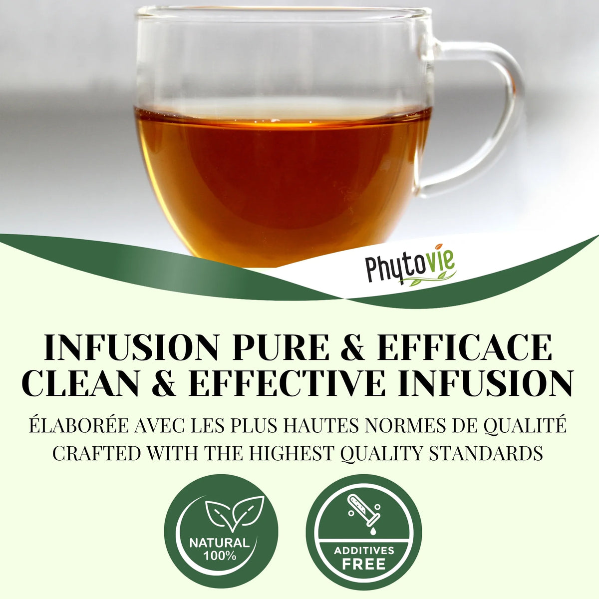Tasse de tisane Élimination illustrant une infusion purifiante, légère et équilibrante pour le bien-être digestif