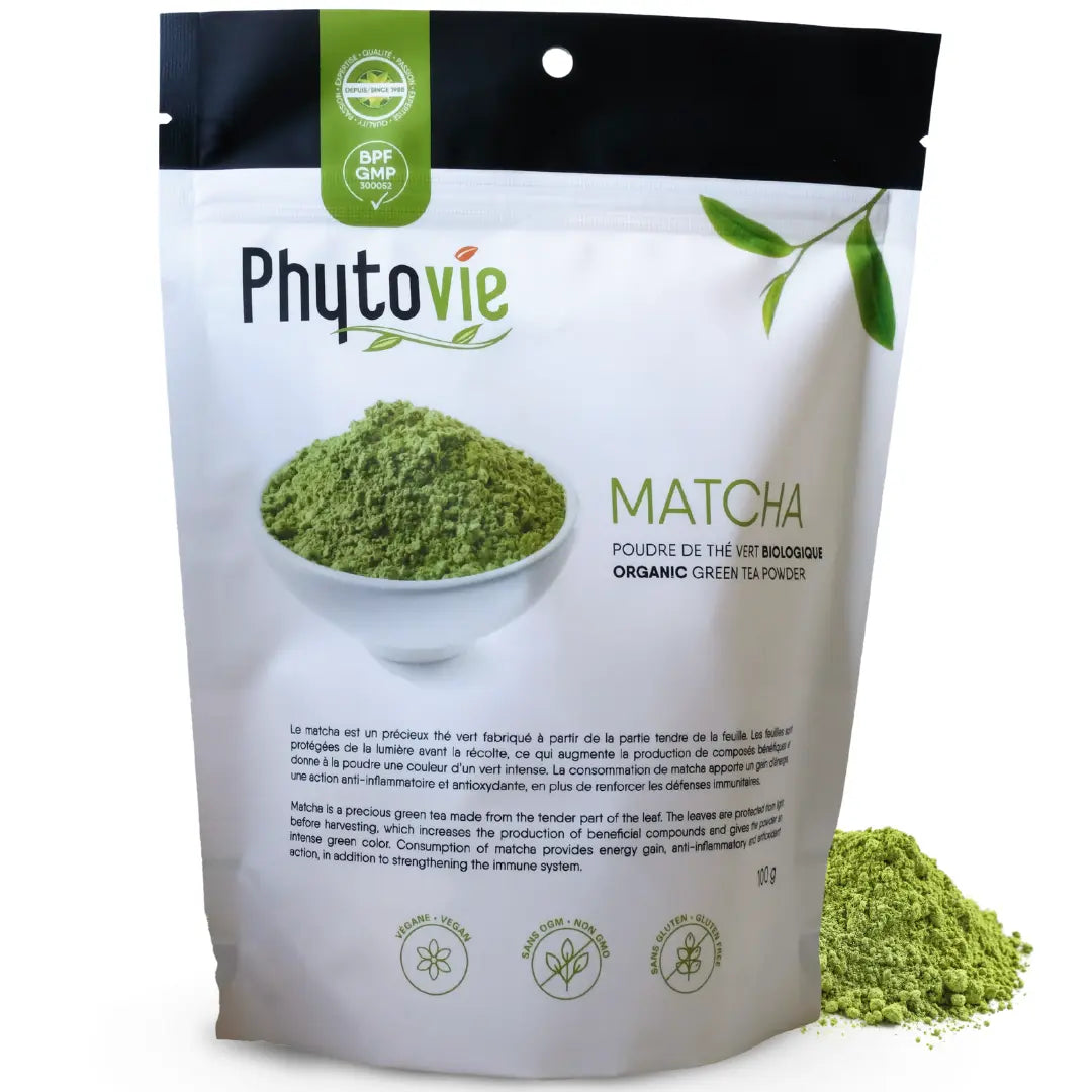 Matcha biologique Phytovie en poudre, thé vert finement moulu, riche en antioxydants et source d’énergie naturelle et durable