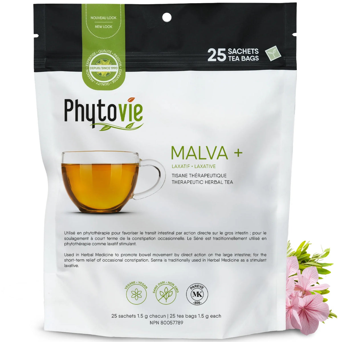 Tisane Malva et Séné Phytovie en 25 sachets sur fond blanc, infusion traditionnelle utilisée comme laxatif pour favoriser le transit intestinal