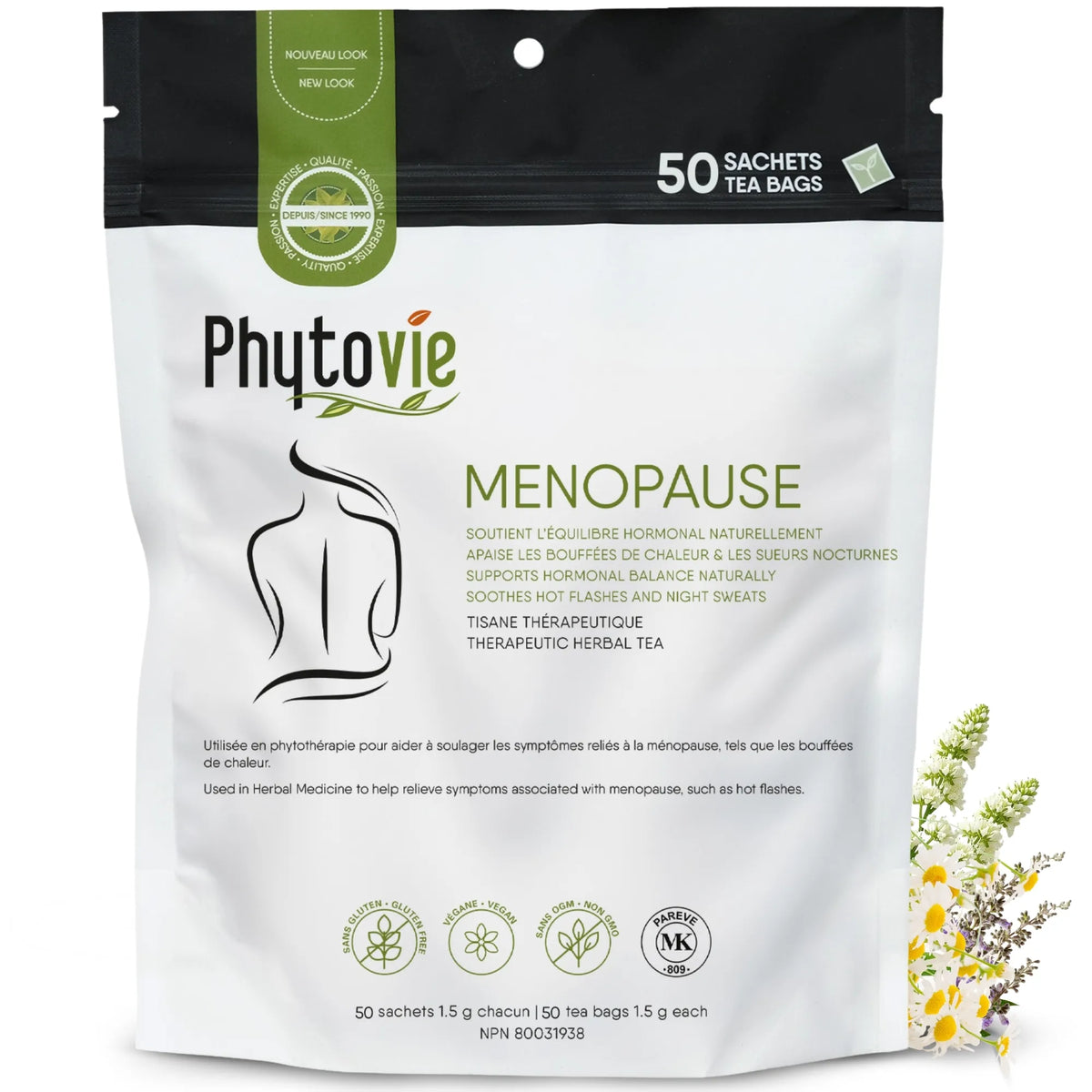 Tisane Ménopause Phytovie en 50 sachets sur fond blanc, infusion naturelle utilisée traditionnellement pour le confort et l’équilibre durant la ménopause