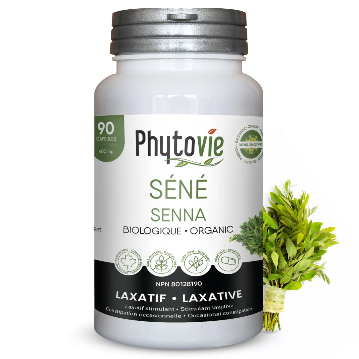 Bouteille de capsules Phytovie Séné biologique 400 mg, supplément naturel au séné biologique, 90 capsules pour le soulagement de la constipation occasionnelle