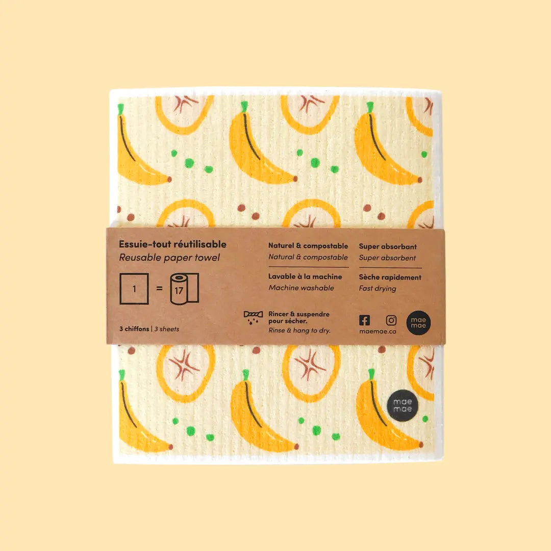Emballage d’essuie-tout réutilisable Maemae à motifs bananes, écologique, lavable en machine, super absorbant et compostable.