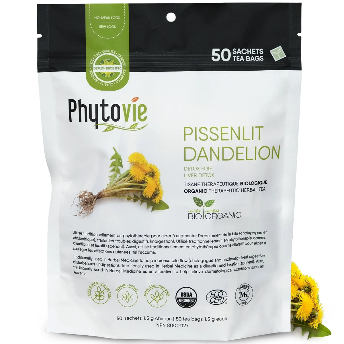 Tisane de racine de pissenlit bio en 50 sachets sur fond blanc avec racine de pissenlit, plante naturelle reconnue pour soutenir le foie et la détoxification