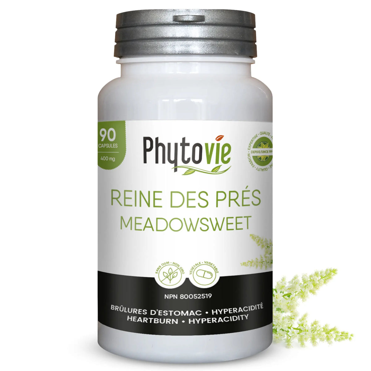 Capsules de Reine des prés Phytovie, supplément naturel utilisé pour aider à soulager les brûlures d’estomac et l’hyperacidité