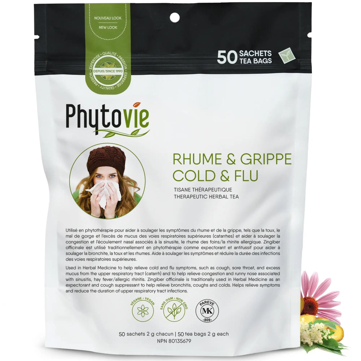 Tisane thérapeutique rhume et grippe Phytovie 50 sachets, infusion naturelle pour le rhume, la grippe et les voies respiratoires