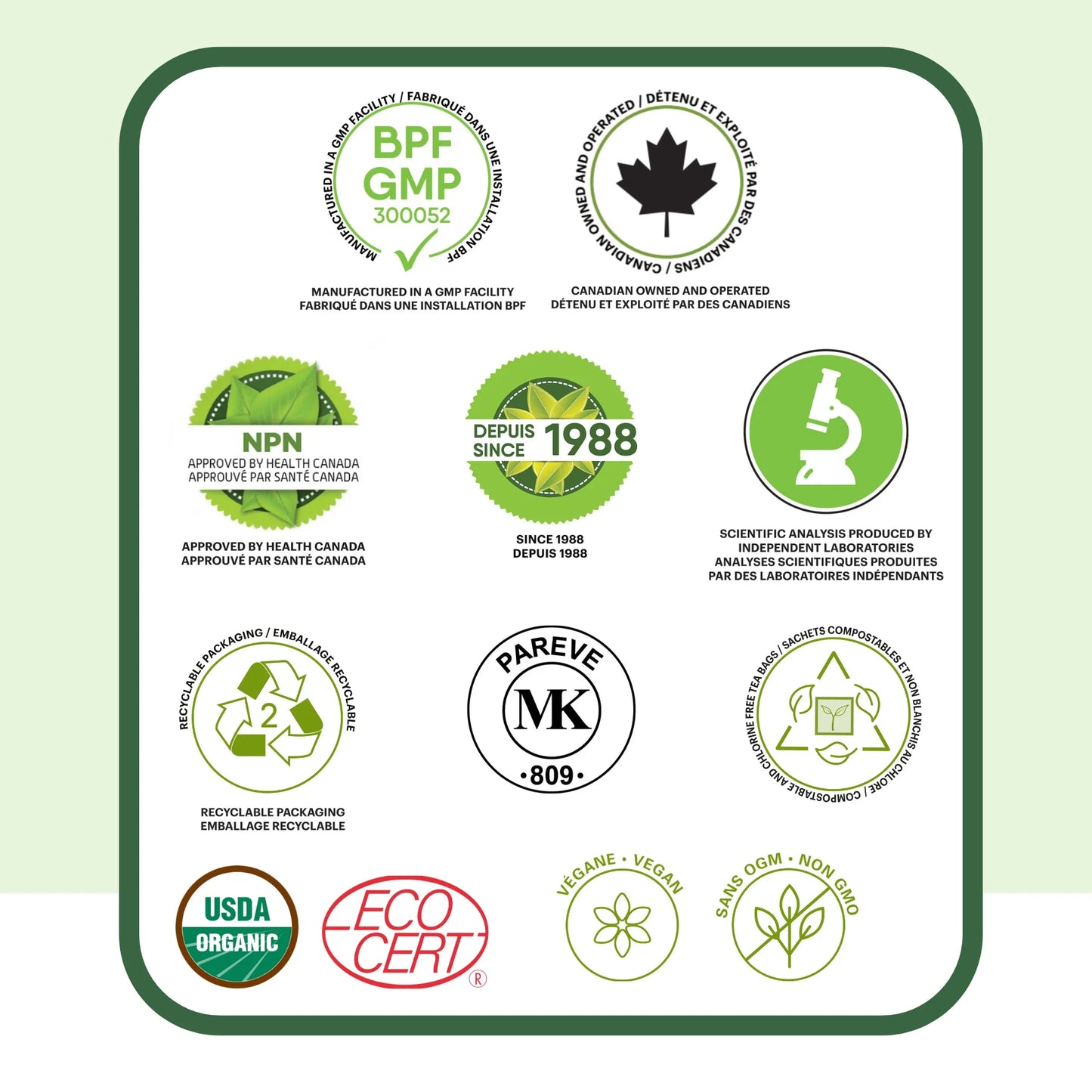 Certifications qualité tisane de sauge incluant GMP, approuvé Santé Canada NPN, fabriqué au Canada, bio, végan, sans gluten et sans OGM