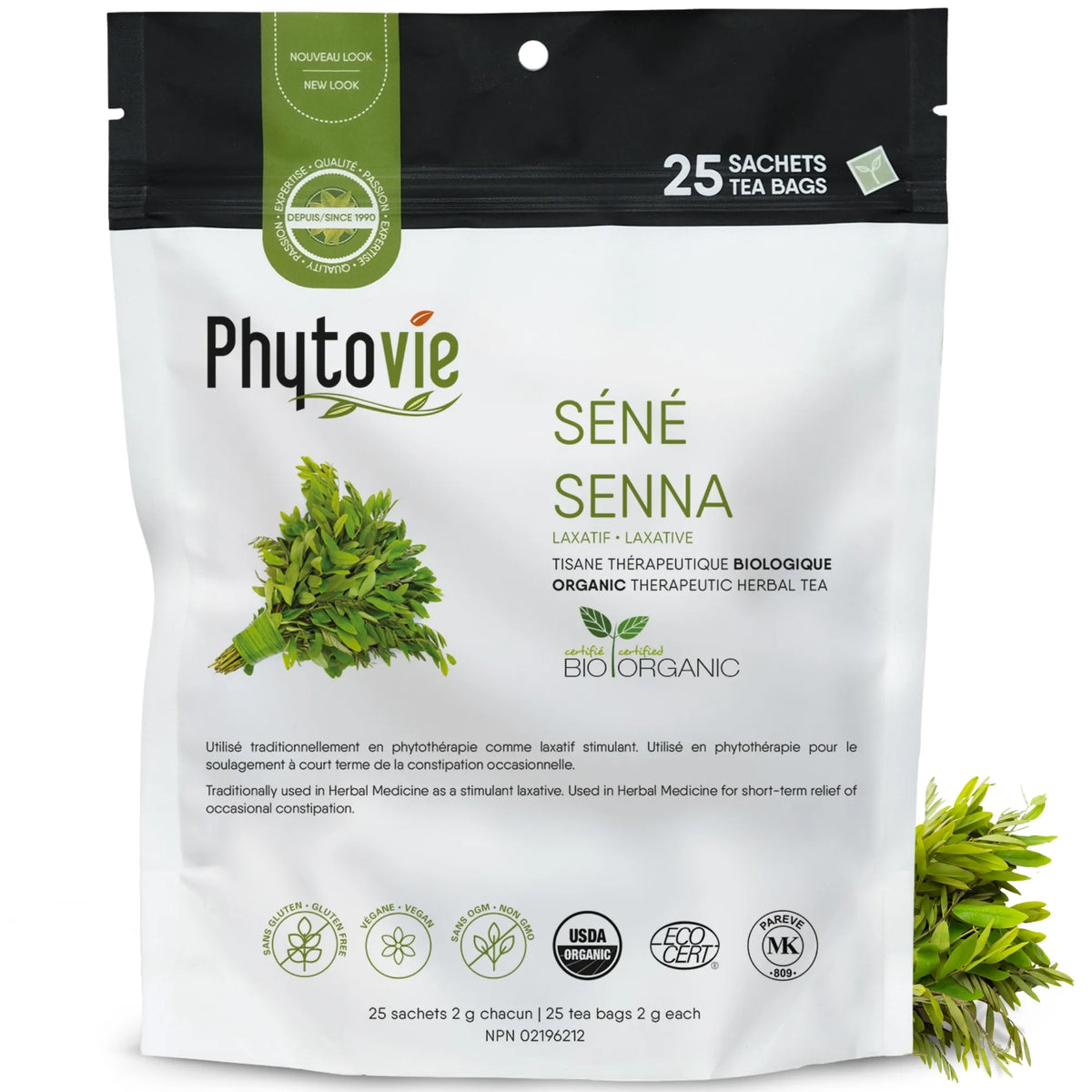 Tisane de séné biologique Phytovie en 25 sachets sur fond blanc, infusion traditionnelle utilisée pour soulager la constipation occasionnelle