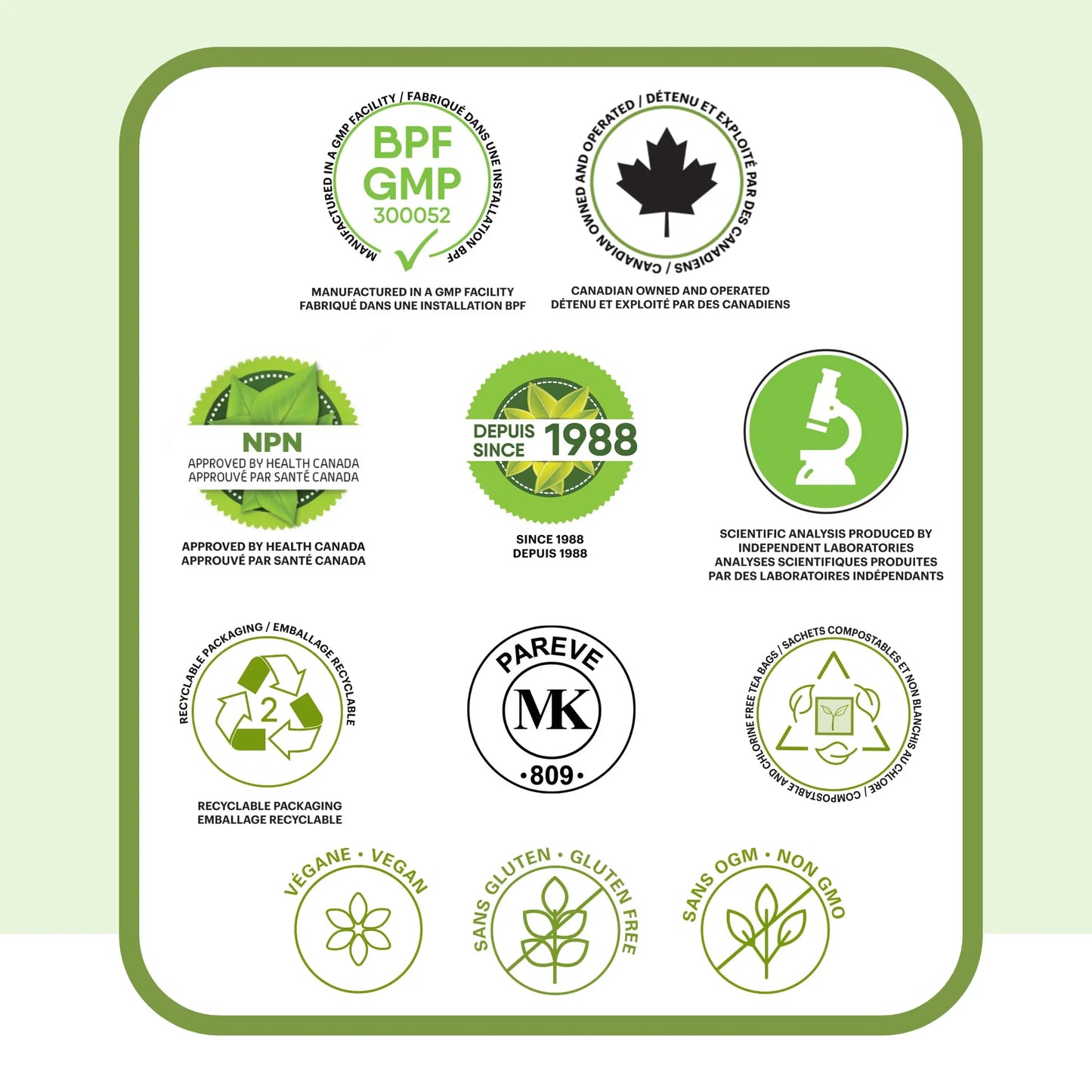 Badges et certifications Phytovie pour la tisane de prêle : fabriqué au Canada, approuvé par Santé Canada (NPN), installation certifiée BPF/GMP, analyses scientifiques indépendantes, emballage recyclable, sans gluten, sans OGM et végane.