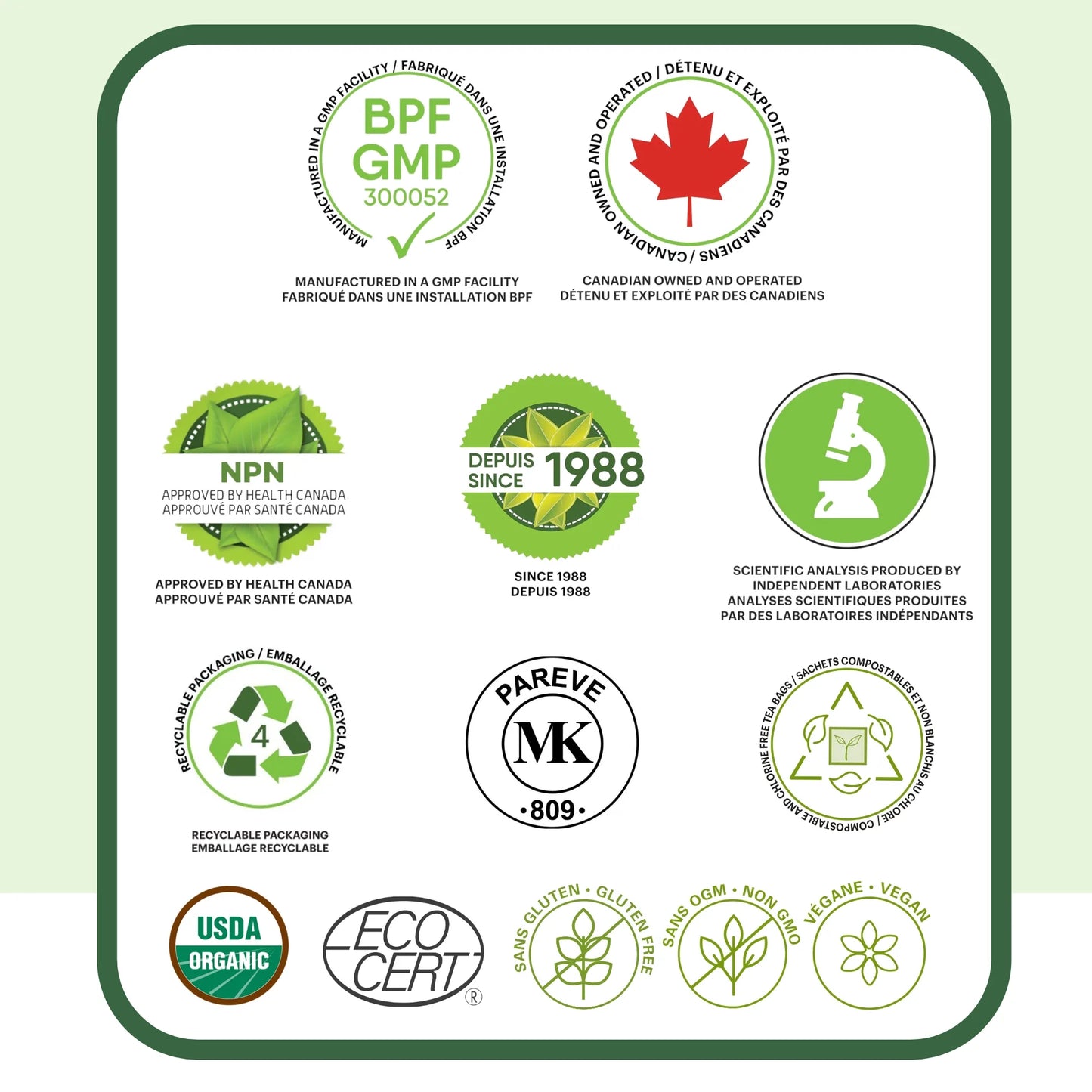 Certifications qualité tisane de thym incluant GMP, approuvé Santé Canada NPN, fabriqué au Canada, bio, végan, sans gluten et sans OGM