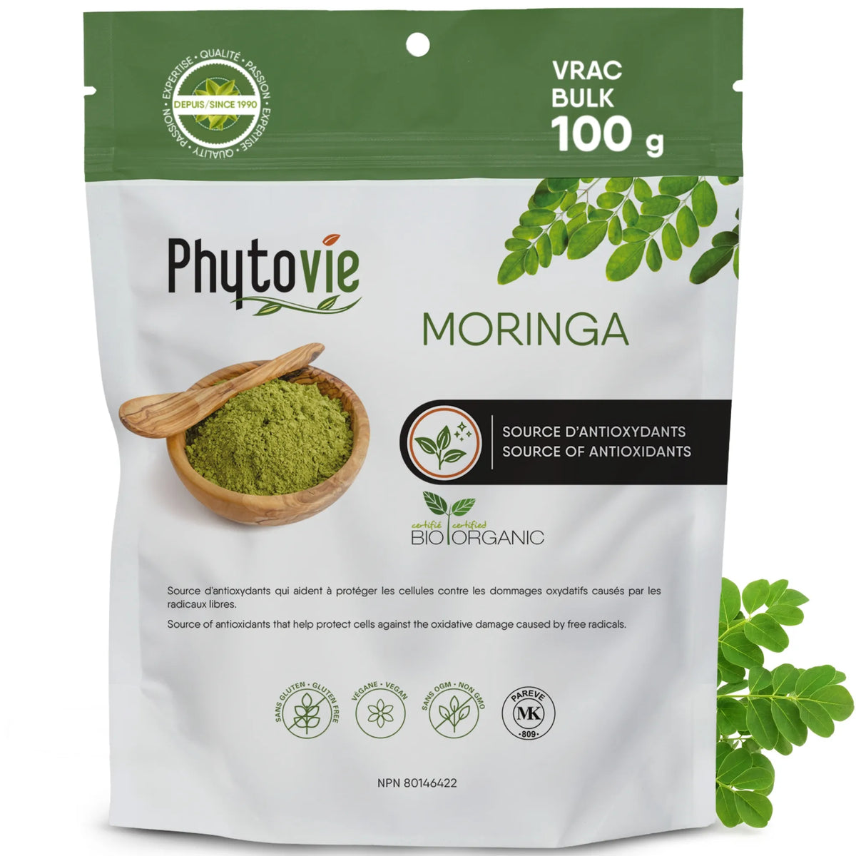 Moringa biologique en poudre – Source d’antioxydants – Vrac 100 g