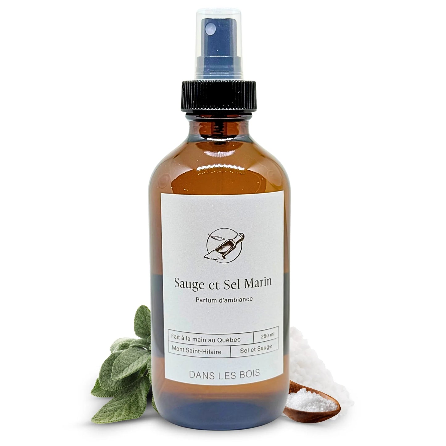 Parfum d’ambiance Sauge & Sel Marin 250 ml avec feuilles de sauge et cristaux de sel sur fond blanc, parfum frais et apaisant