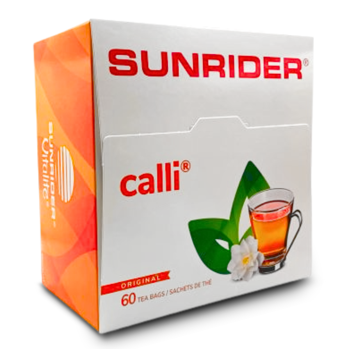 Thé Calli Sunrider en sachets sur fond blanc, infusion naturelle en 60 sachets
