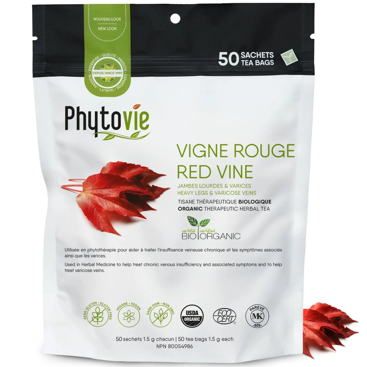 Sac Phytovie de tisane thérapeutique biologique de vigne rouge contenant 50 sachets, plante reconnue pour favoriser une meilleure circulation sanguine et apaiser les varices.