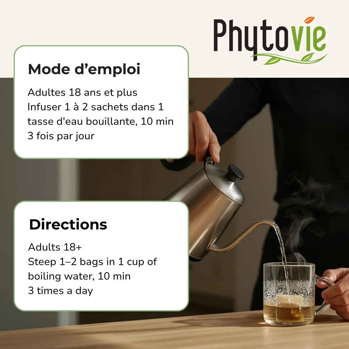 Instructions de préparation de la tisane Basilic sacré Phytovie, infuser 10 minutes, 3 fois par jour