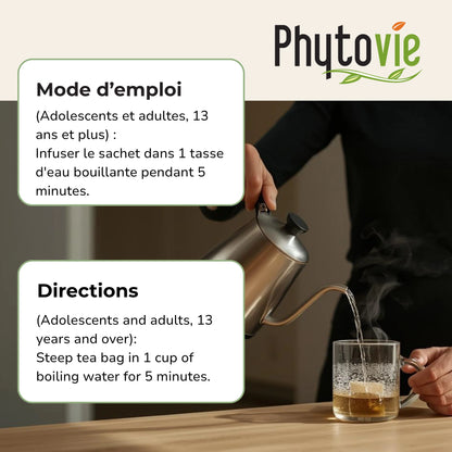 Instructions de préparation de la tisane Bonne Nuit Phytovie, infuser 5 minutes, dès 13 ans