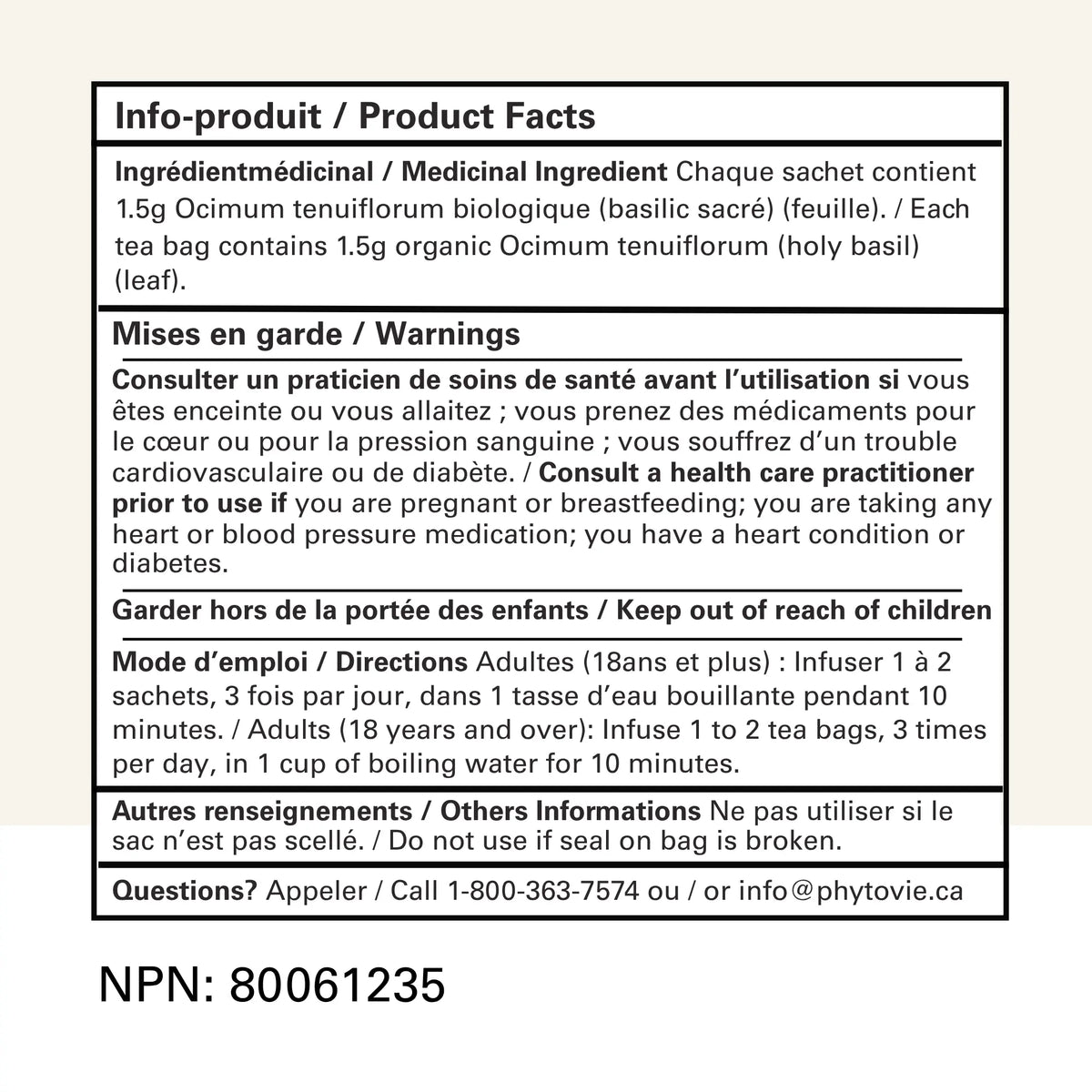 Tableau des informations produit et numéro NPN 80061235 de la tisane Basilic sacré Phytovie