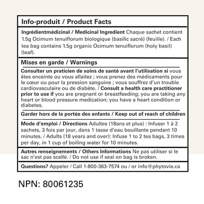 Tableau des informations produit et numéro NPN 80061235 de la tisane Basilic sacré Phytovie