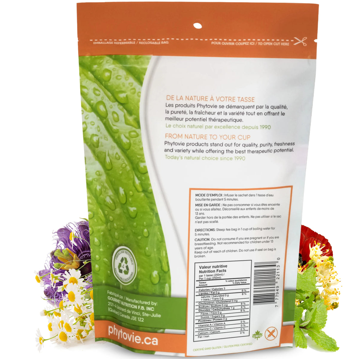 Verso de l'emballage Bonne Nuit Phytovie avec mode d'emploi, mise en garde et tableau de valeur nutritive