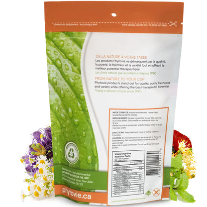 Verso de l'emballage Bonne Nuit Phytovie avec mode d'emploi, mise en garde et tableau de valeur nutritive