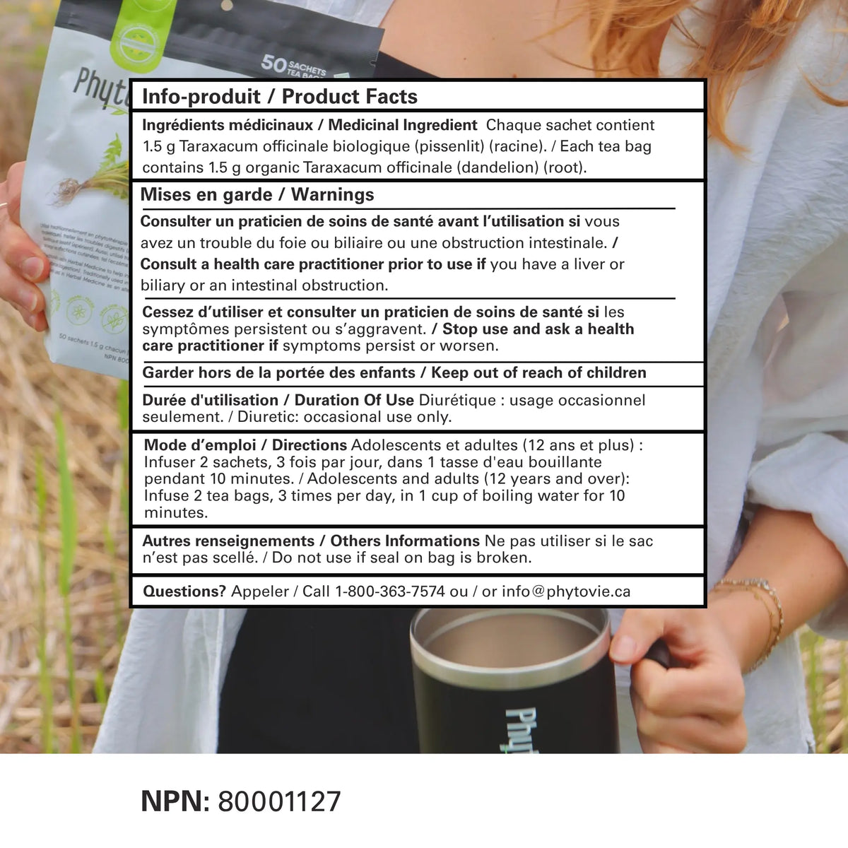 Sachet Pissenlit et tasse en plein air; tableau Info-produit, ingrédient et mode d'emploi, NPN 80001127