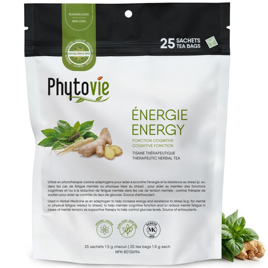 Tisane Énergie Phytovie, 25 sachets, avec gingembre, panax ginseng et basilic sacré, formule naturelle NPN 80136194 favorisant vitalité, clarté mentale et gestion du stress.