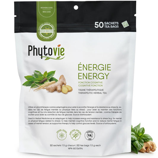 Tisane Énergie Phytovie, 50 sachets, avec gingembre, panax ginseng et basilic sacré, formule naturelle NPN 80136194 favorisant vitalité, clarté mentale et gestion du stress.