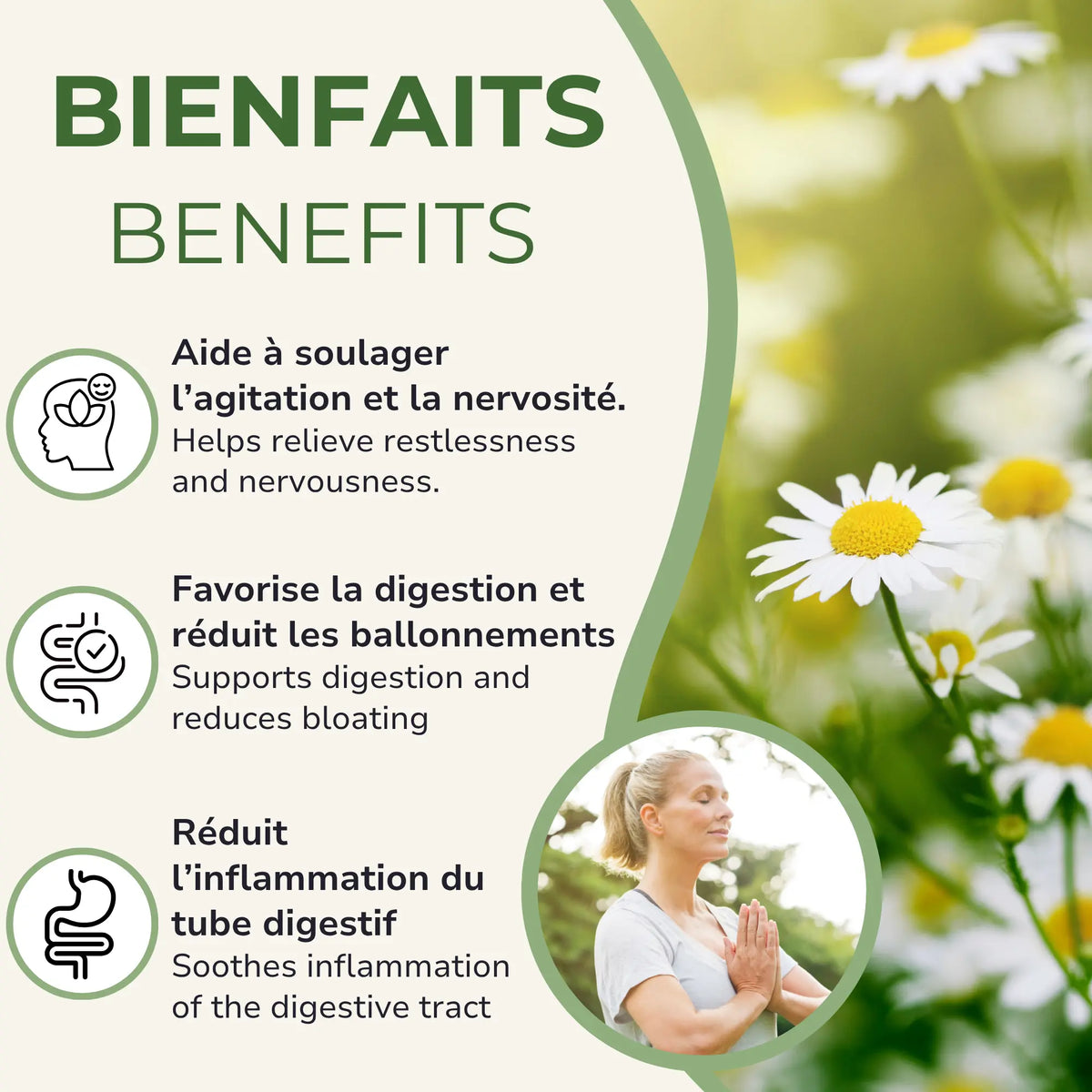 Fleurs de camomille et femme méditant; 3 bienfaits: agitation/nervosité, digestion, inflammation
