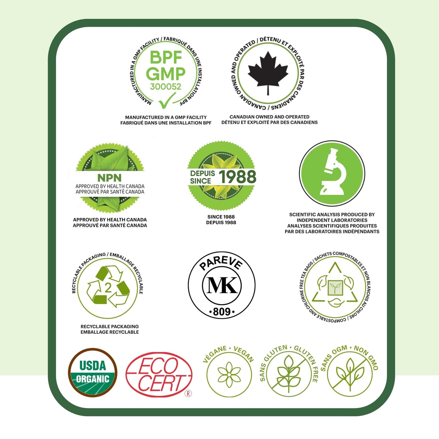 Certifications PHYTOVIE BPF, approuvé Santé Canada, biologique, vegan et emballage recyclable