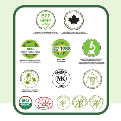 Certifications PHYTOVIE BPF, approuvé Santé Canada, biologique, vegan et emballage recyclable