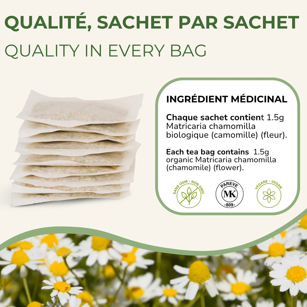 Pile de sachets de tisane; encadré ingrédient médicinal camomille et badges sans OGM, pareve, végane