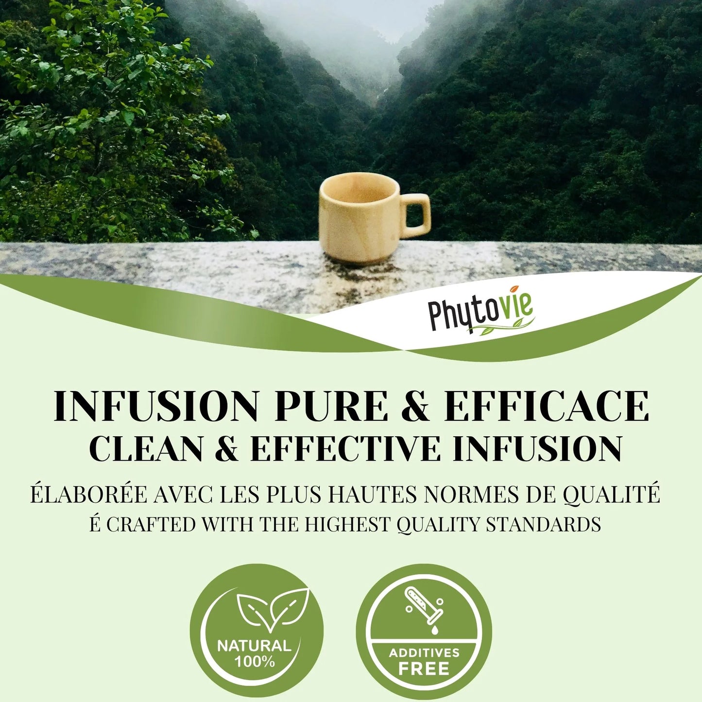 Tasse de tisane Détox illustrant une infusion pure, équilibrante et revitalisante, idéale pour soutenir le foie et retrouver légèreté