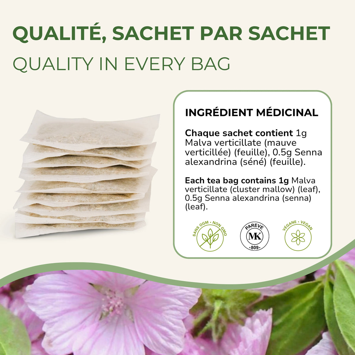 Sachets de tisane Malva+ Phytovie empilés, ingrédient médicinal mauve verticillée et séné
