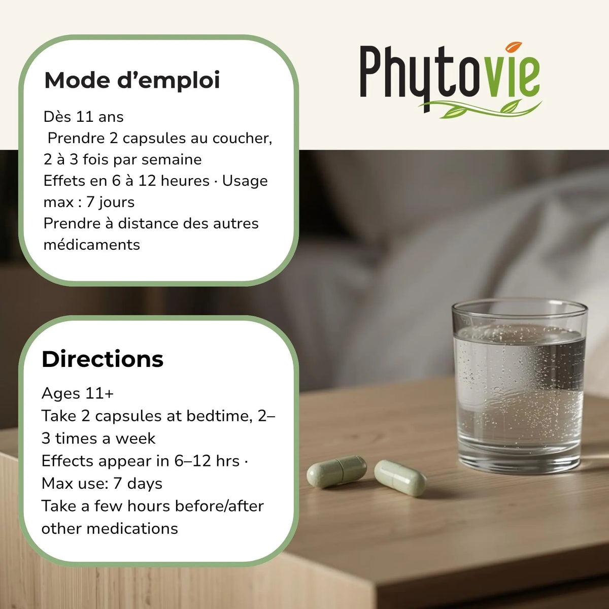 Instructions d'utilisation des capsules Séné BIO Phytovie, 2 capsules au coucher, 2 à 3 fois par semaine